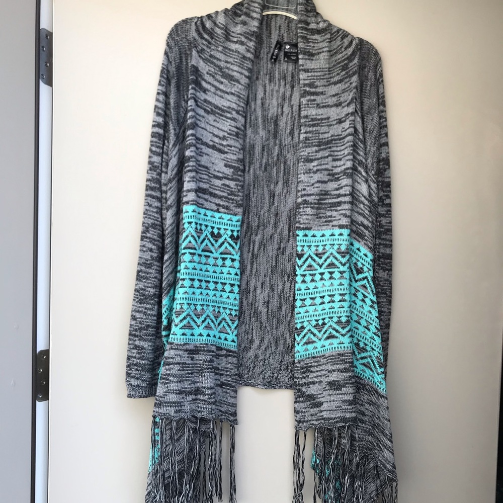 Grey and teal Aztec fringe cardigan